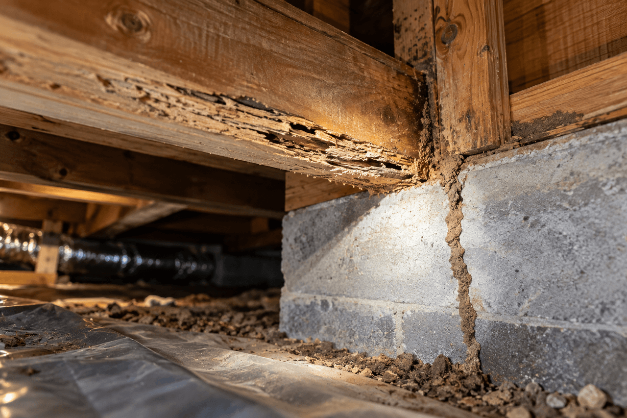 Exposed wood and a mud tube along masonry in a crawl-space inspection area.