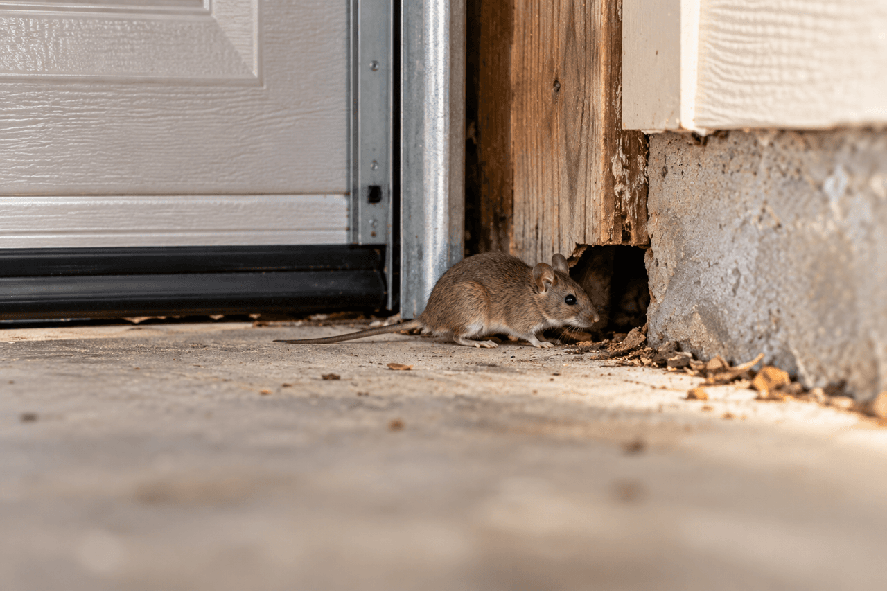 House mouse beside a small opening at the base of a garage wall.
