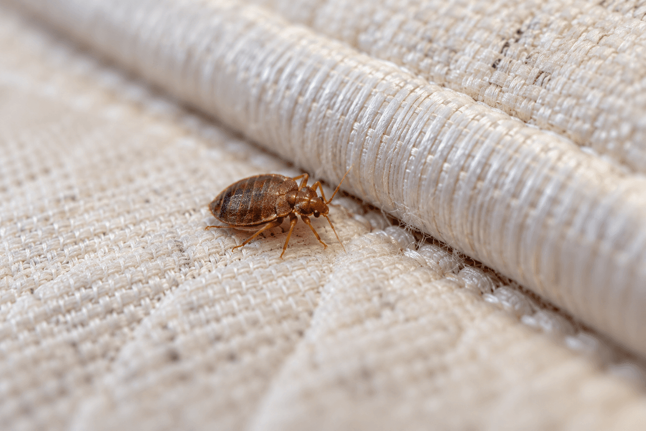 Close-up of a bed bug beside the seam of a light-colored mattress.