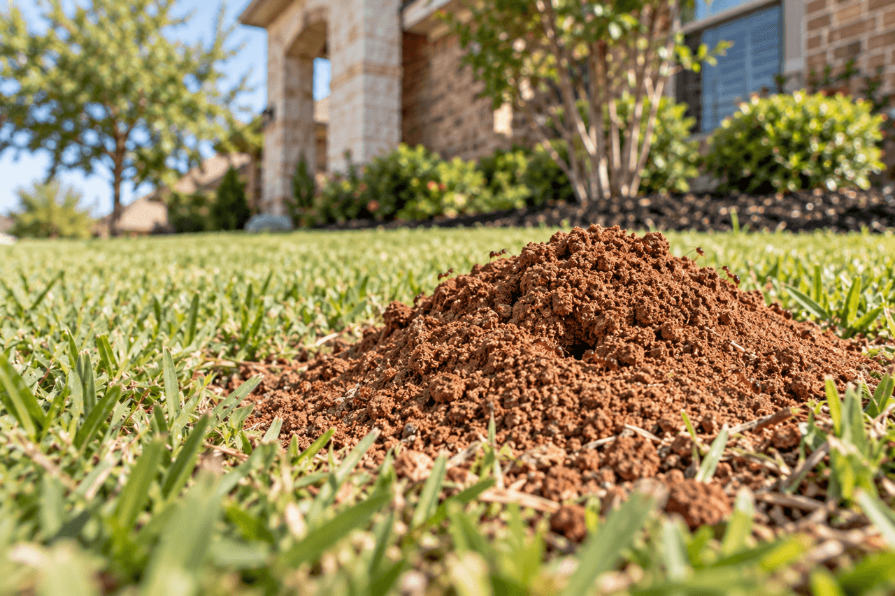 Fire ant mound with loose reddish-brown soil in a maintained lawn.